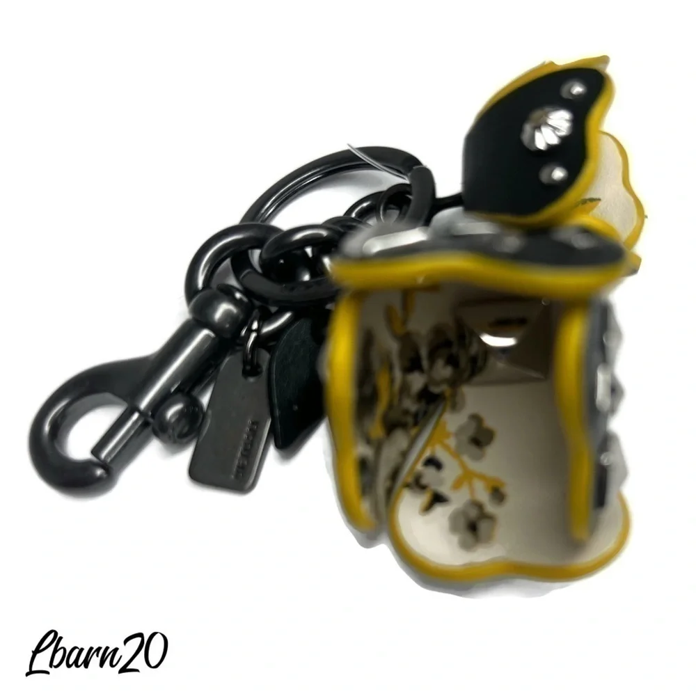 Coach Prairie Black Yellow Tearose Roses Floral Flower Keychain Fob NWT